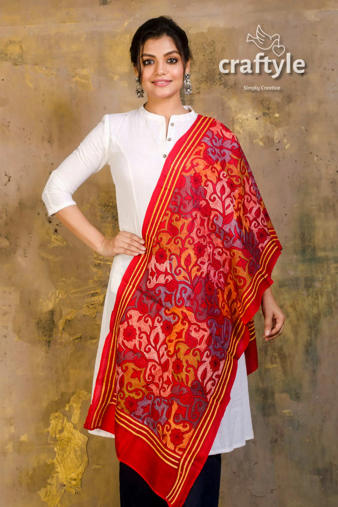 Pure silk kantha stitch stole red floral patterned dupatta 2