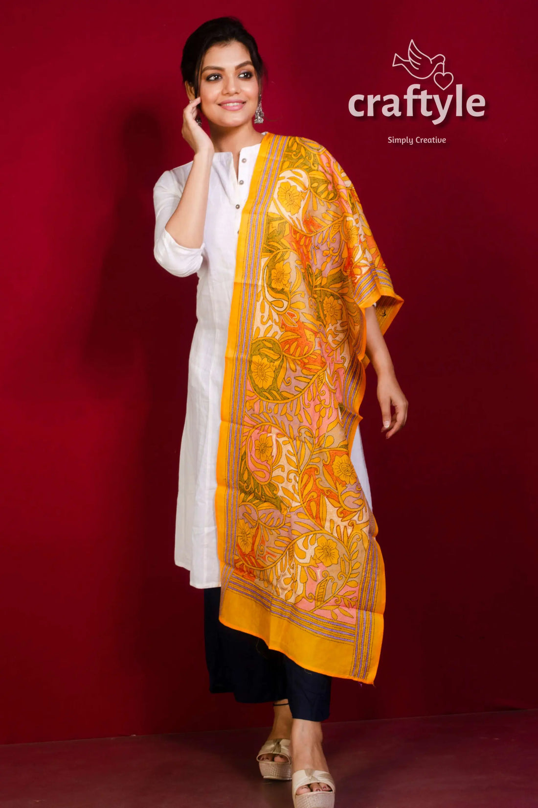 Pure silk kantha stitch stole woman yellow patterned dupatta 2