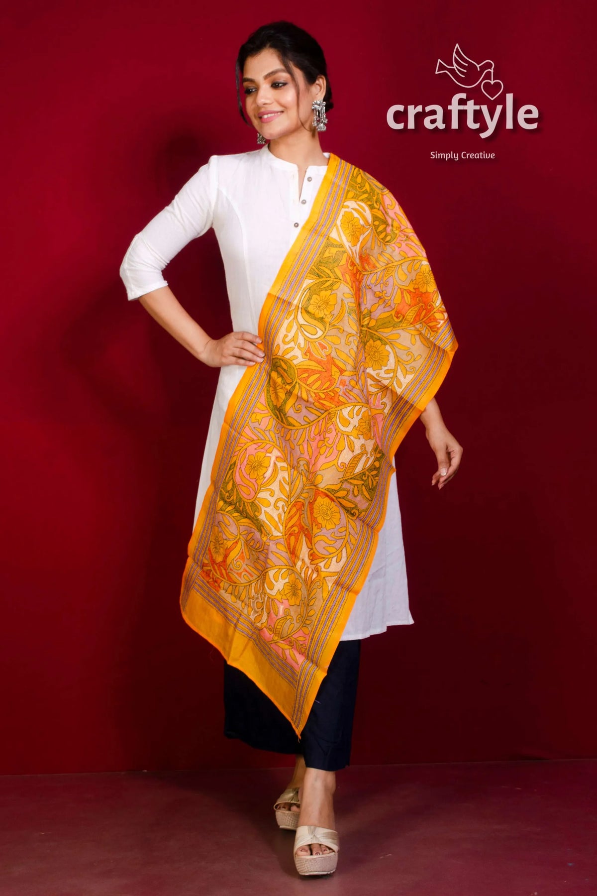 Pure silk kantha stitch stole woman white kurta yellow floral 3