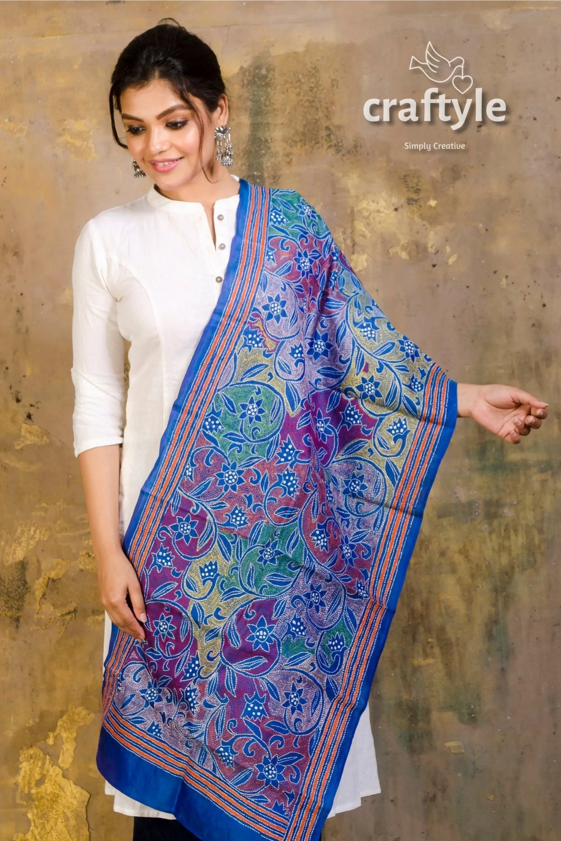 Pure silk kantha stitch stole floral patterned blue shawl 2