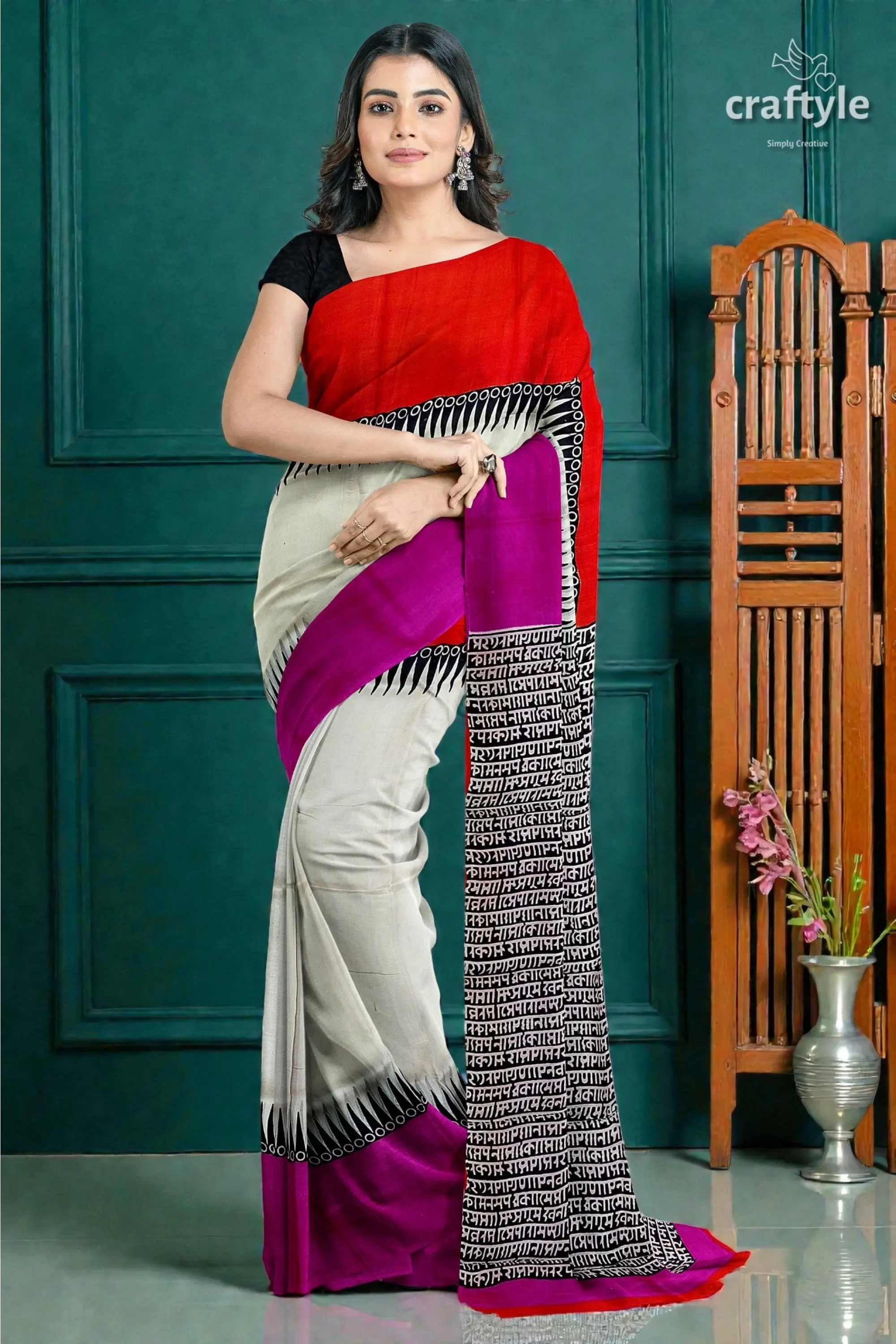 Pure silk mulberry saree multicolor ganga yamuna hand-block print design 5