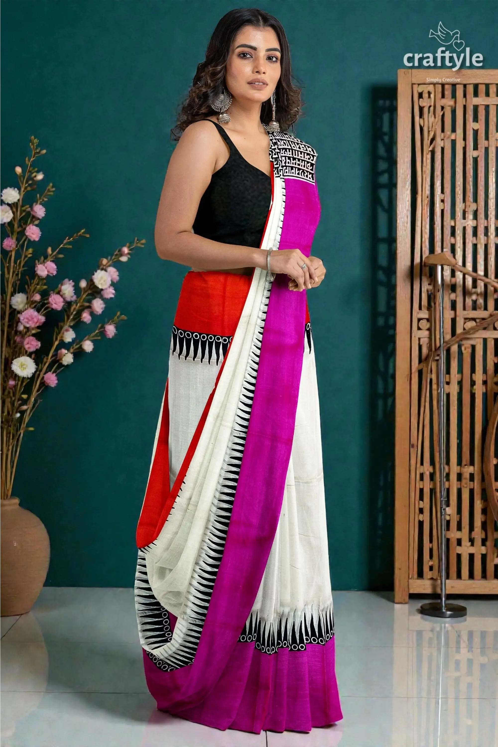 Pure silk mulberry saree multicolor ganga yamuna hand-block print design 3