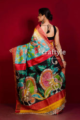 Pure tussar kalamkari hand painted saree - sea green with zari border colorful painted saree 4