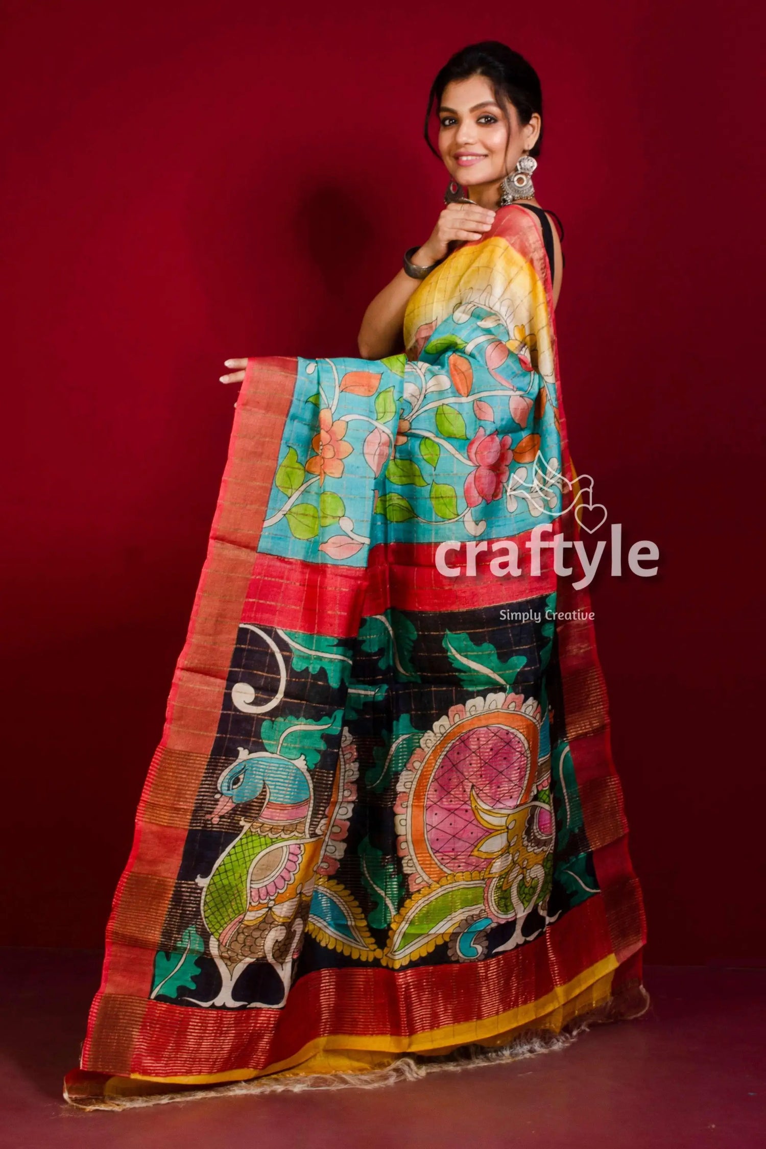 Pure tussar kalamkari hand painted saree - sea green with zari border colorful saree peacock motifs 3