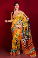 Pure tussar kalamkari saree - hand painted with zari border in orange yellow yellow saree painted designs 2