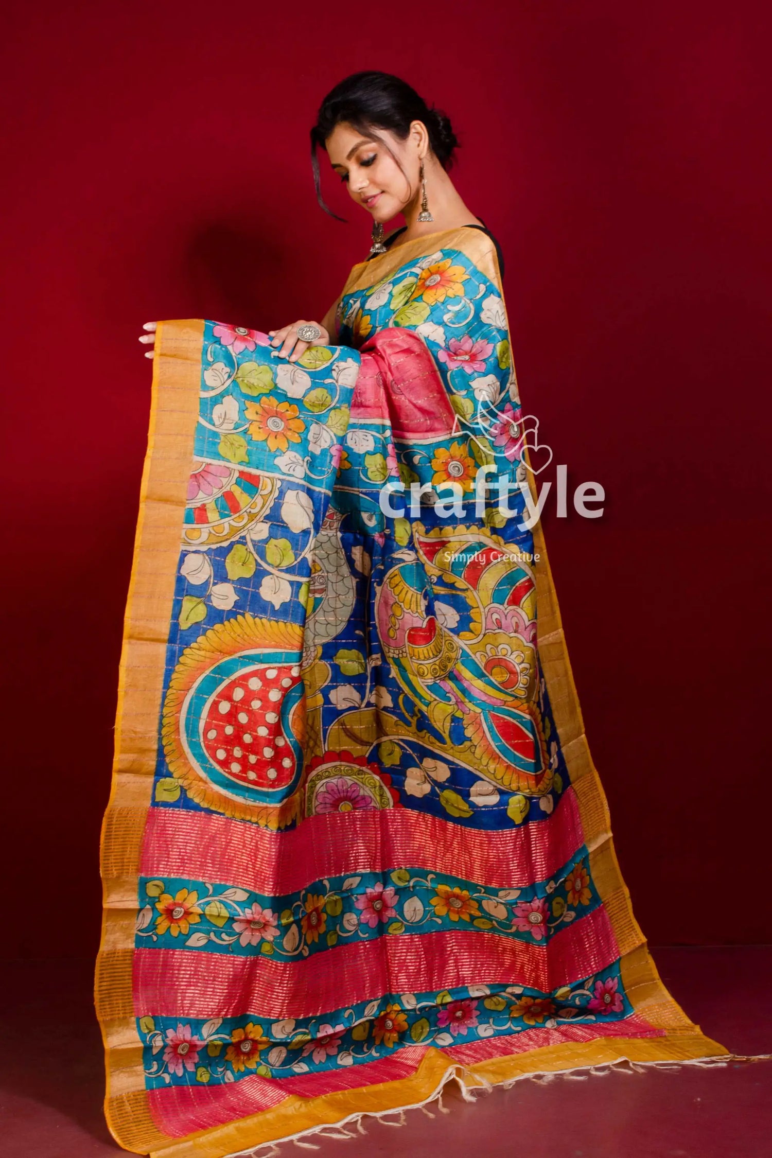 Pure tussar kalamkari saree - hand painted zari border - amaranth red colorful hand-painted saree 3