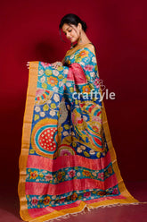 Pure tussar kalamkari saree - hand painted zari border - amaranth red colorful hand-painted saree 3