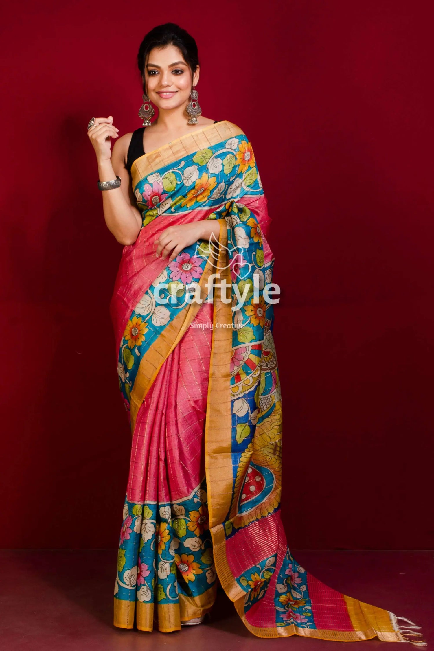 Pure tussar kalamkari saree - hand painted zari border - amaranth red pink saree floral peacock design 2