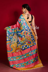 Pure tussar kalamkari saree - hand painted zari border - amaranth red colorful painted saree 4