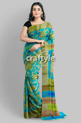 Pure tussar kalamkari saree - handpainted radha krishna design floral patterned blue green saree 2