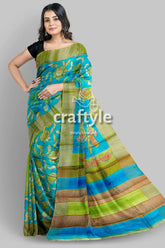 Pure tussar kalamkari saree - handpainted radha krishna design woman blue green saree 1