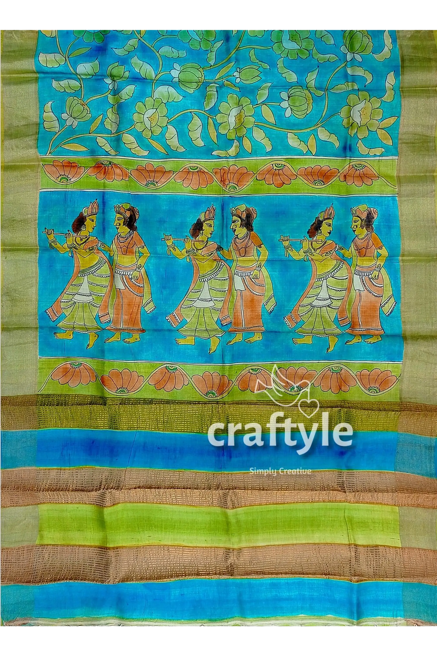 Pure tussar kalamkari saree - handpainted radha krishna design hand-painted blue green saree 4