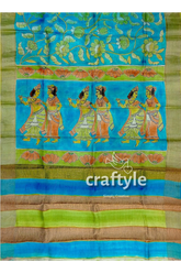 Pure tussar kalamkari saree - handpainted radha krishna design hand-painted blue green saree 4