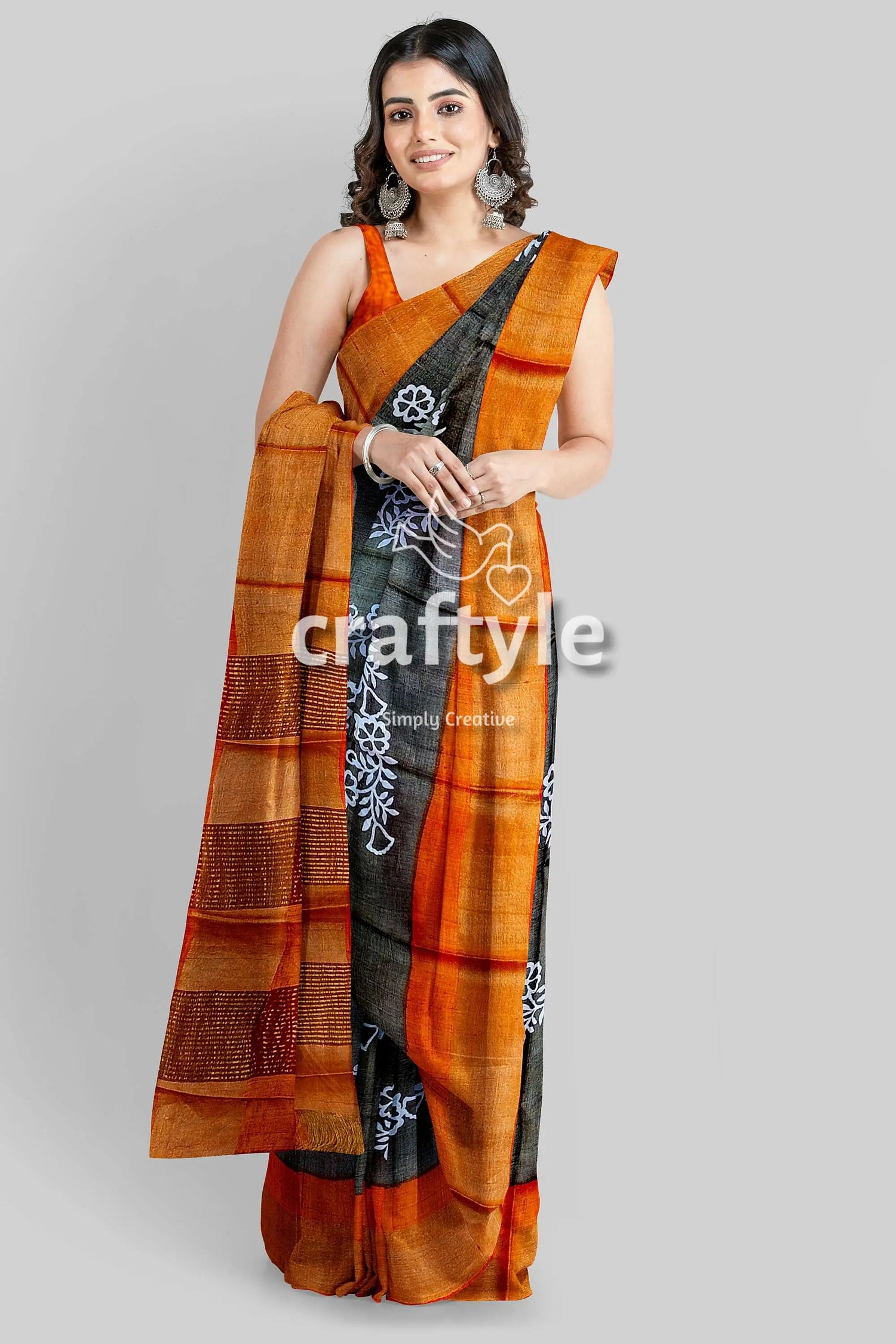 Pure tussar saree - hand block print in black cocoa brown with zari border woman orange black saree 4