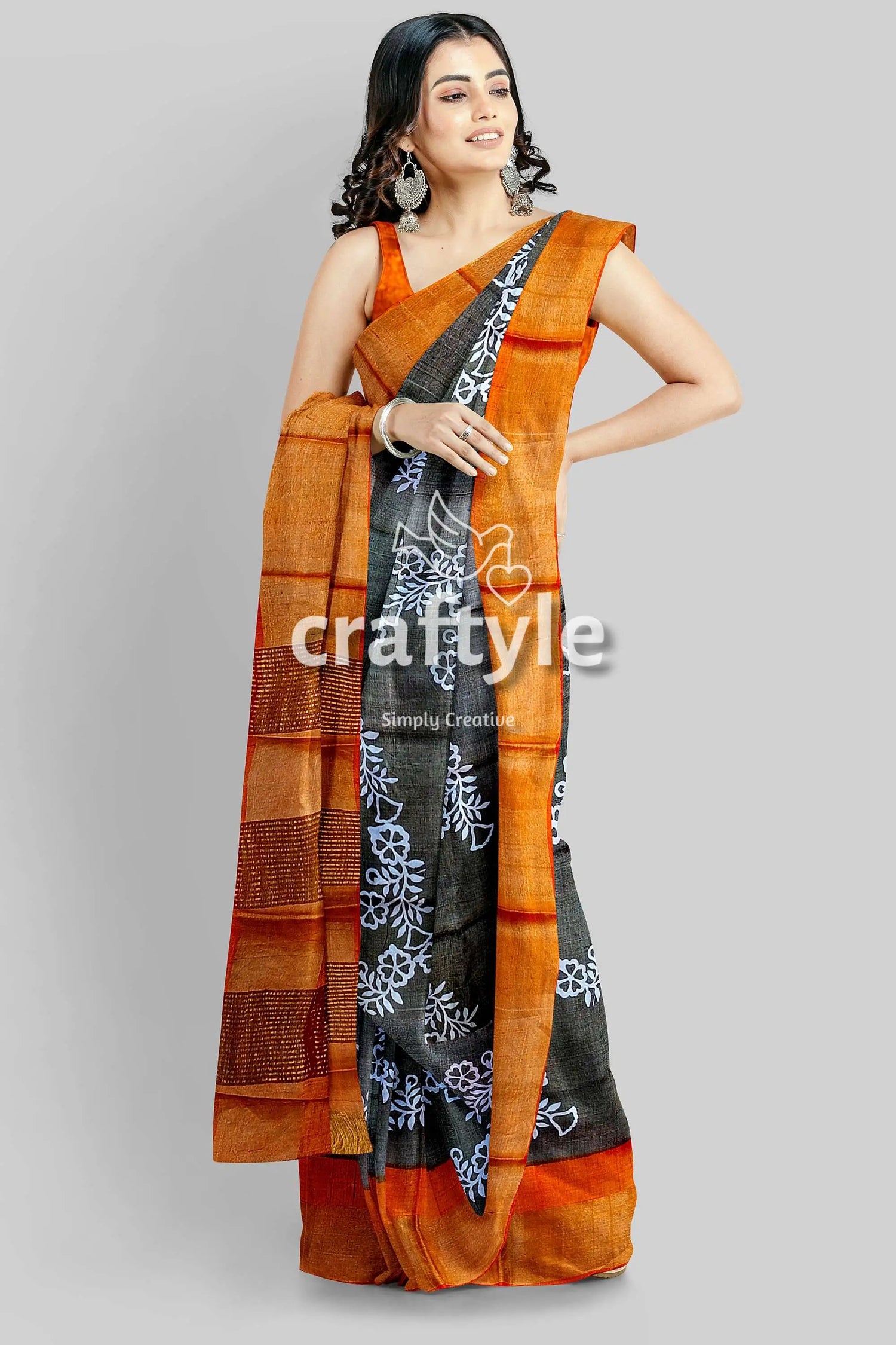 Pure tussar saree - hand block print in black cocoa brown with zari border woman patterned saree 3