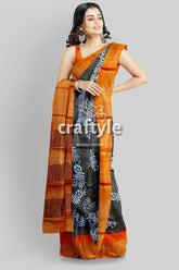 Pure tussar saree - hand block print in black cocoa brown with zari border woman patterned saree 3