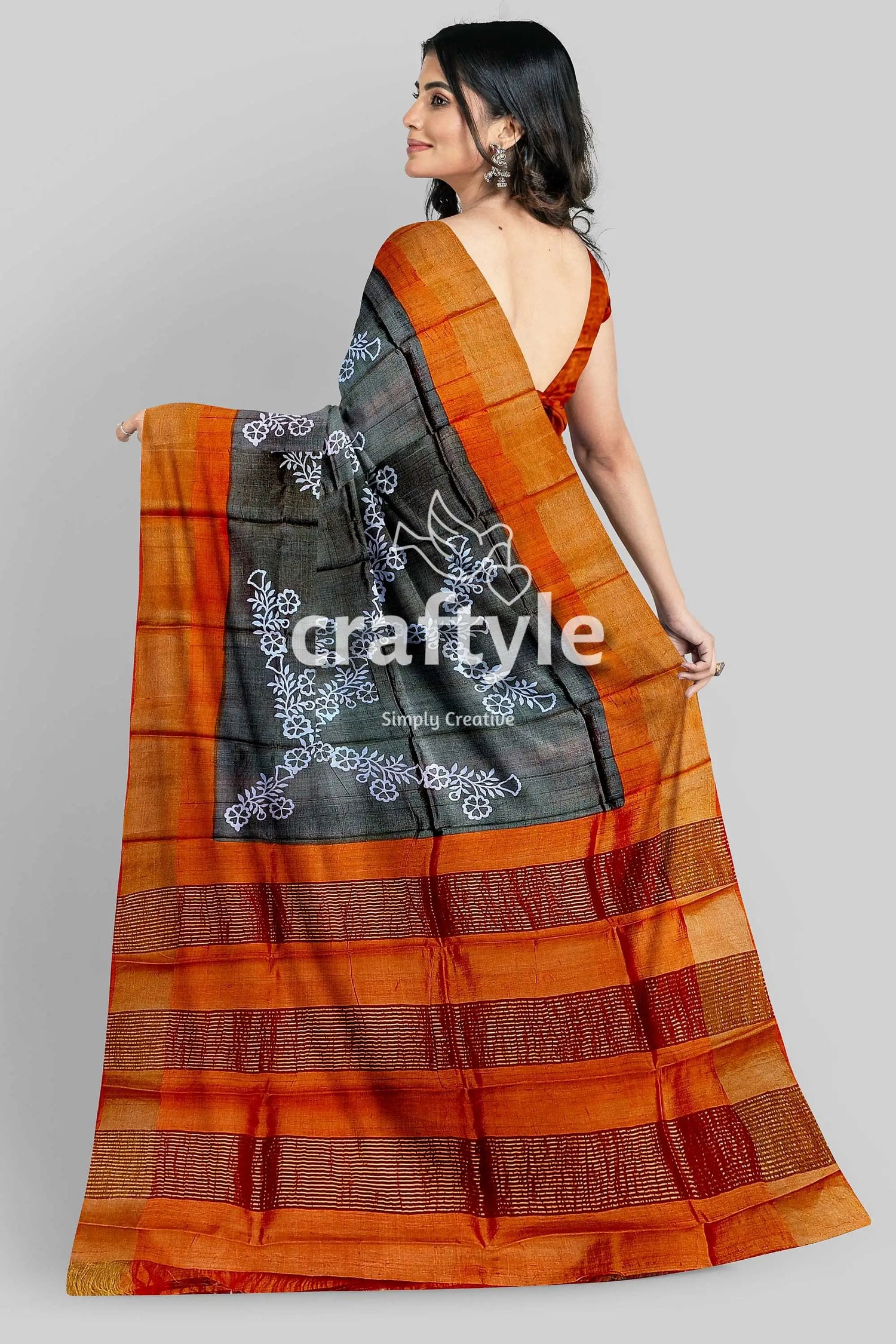 Pure tussar saree - hand block print in black cocoa brown with zari border orange gray saree white design 6