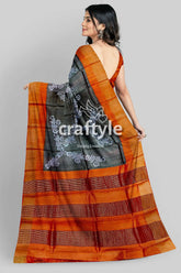 Pure tussar saree - hand block print in black cocoa brown with zari border orange gray saree white design 6