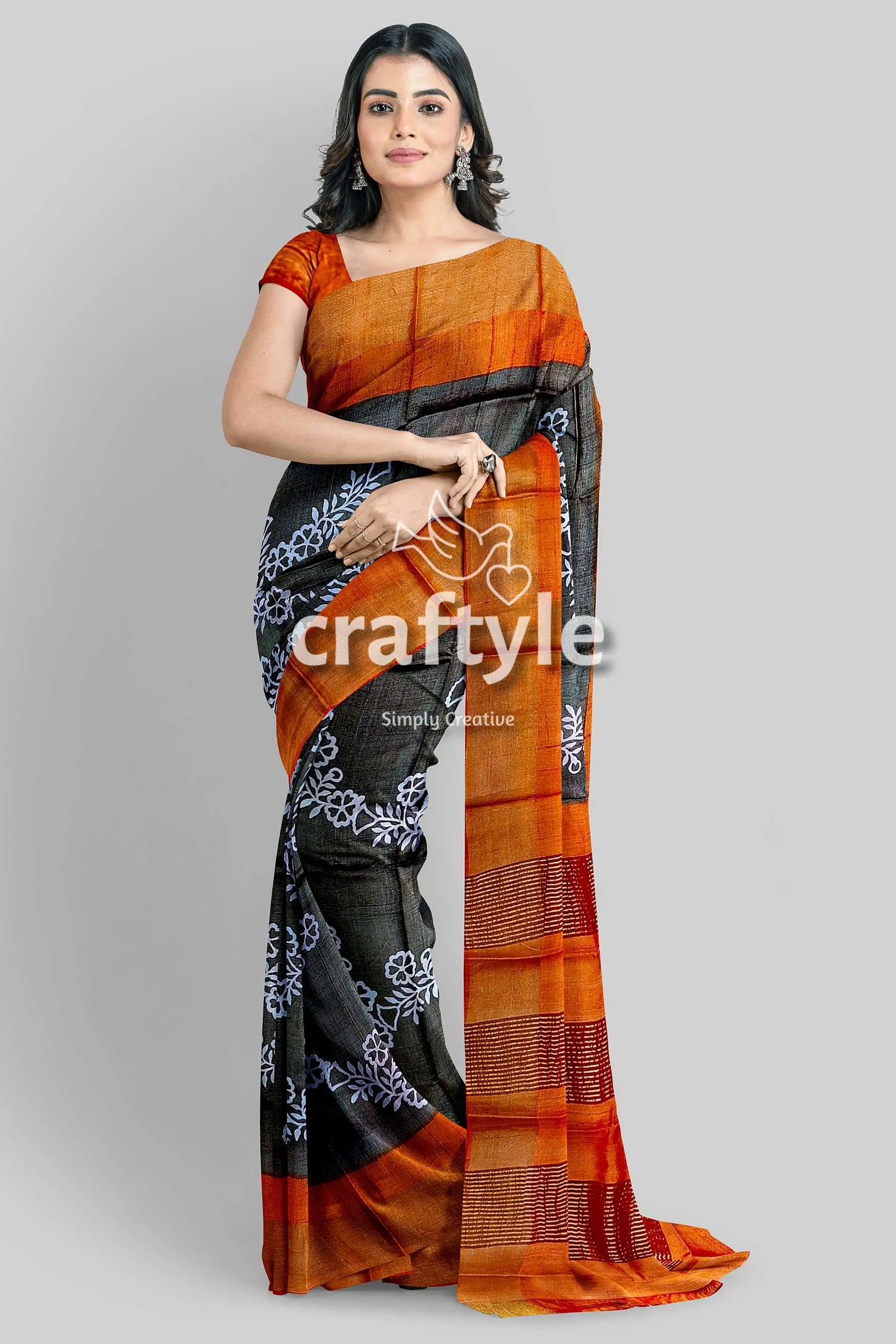 Pure tussar saree - hand block print in black cocoa brown with zari border woman black orange saree 2