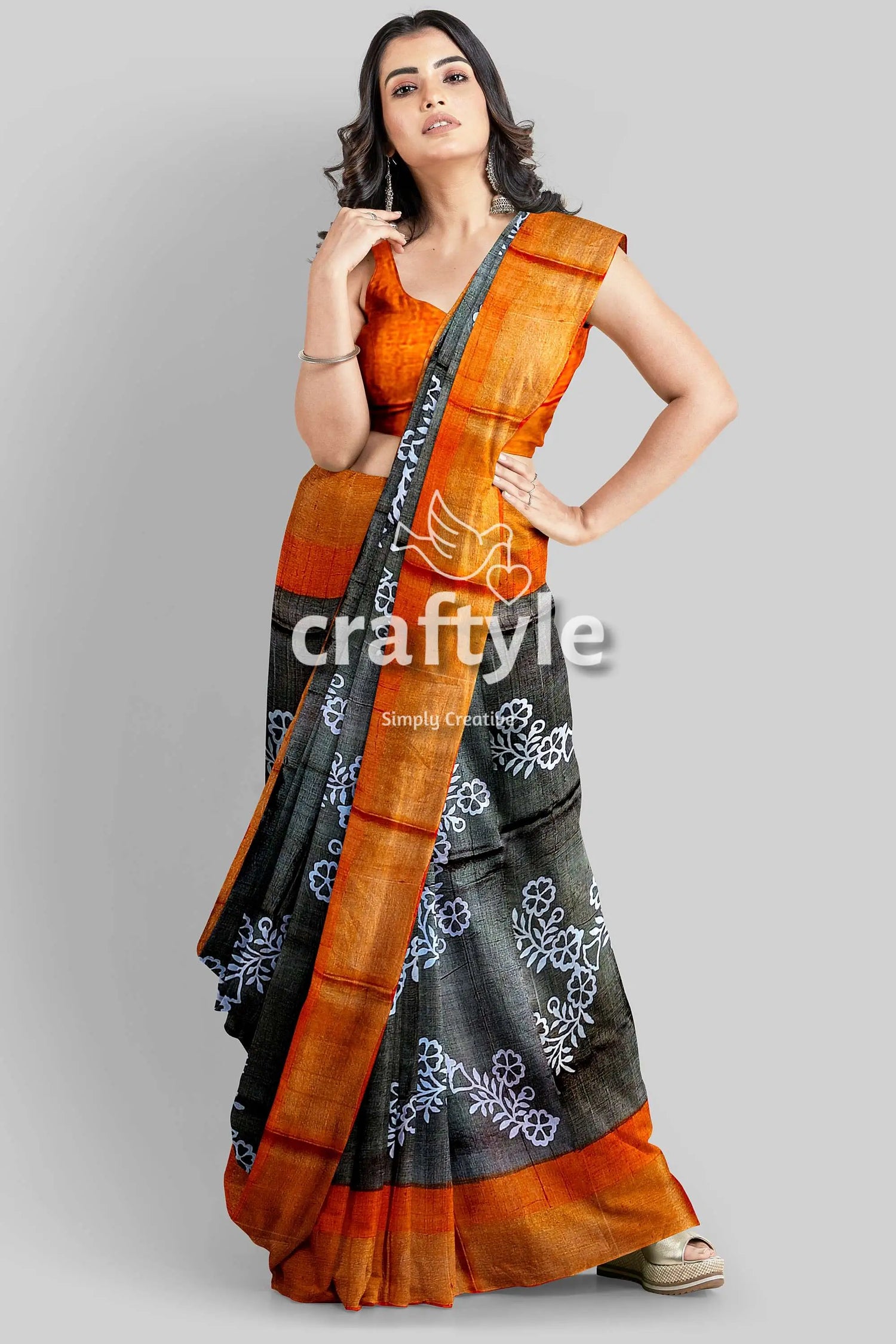Pure tussar saree - hand block print in black cocoa brown with zari border woman gray orange saree 5