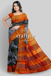 Pure tussar saree - hand block print in black cocoa brown with zari border woman orange black saree 1