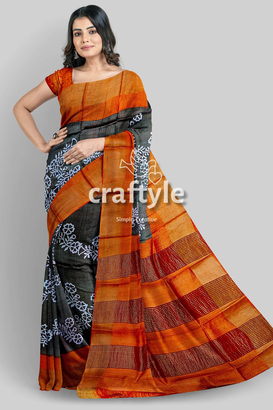 Pure Tussar Saree - Hand Block Print in Black Cocoa Brown with Zari Border - Craftyle