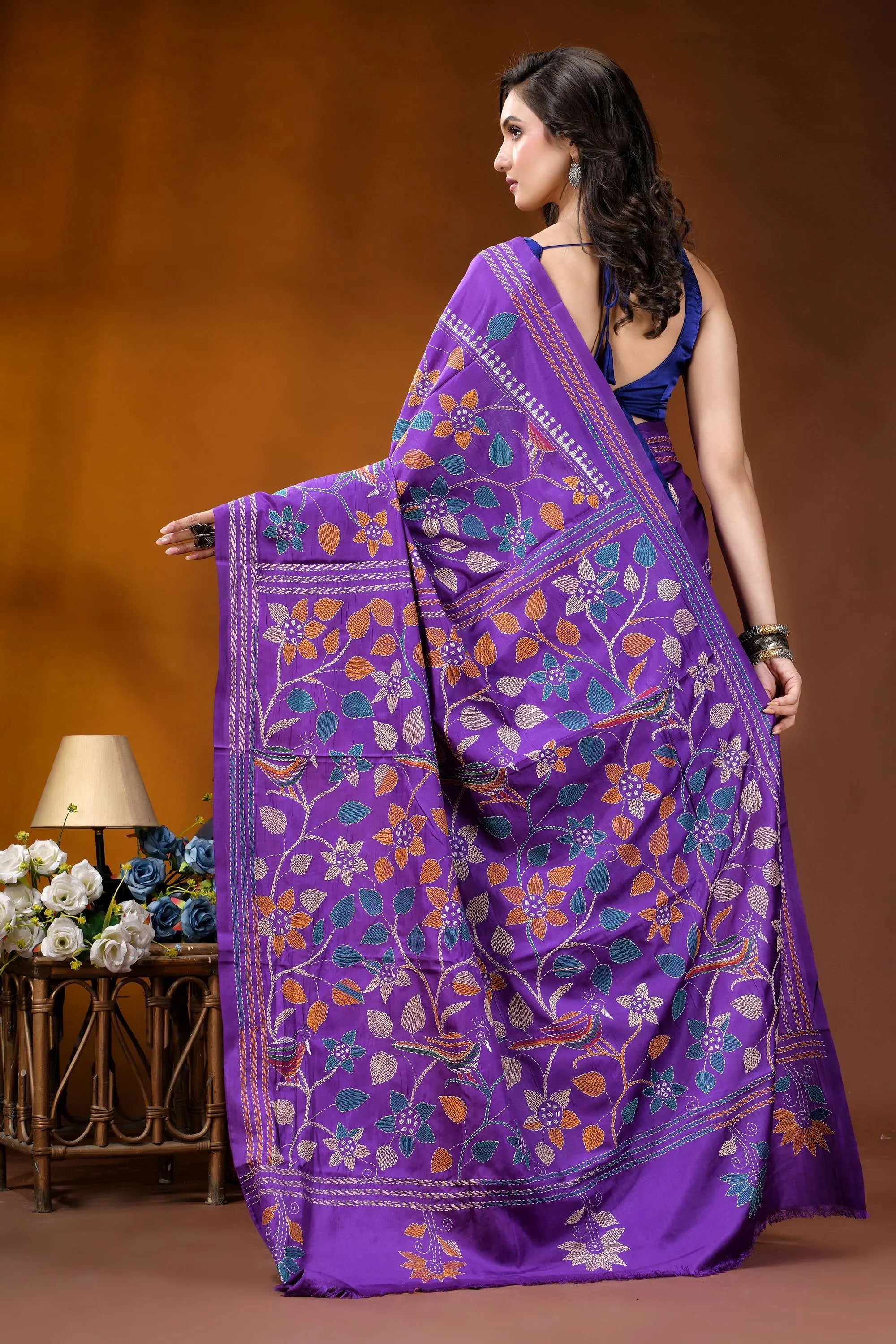 Purple bird motif multicolor hand embroidered kantha silk saree purple silk saree intricate floral 6