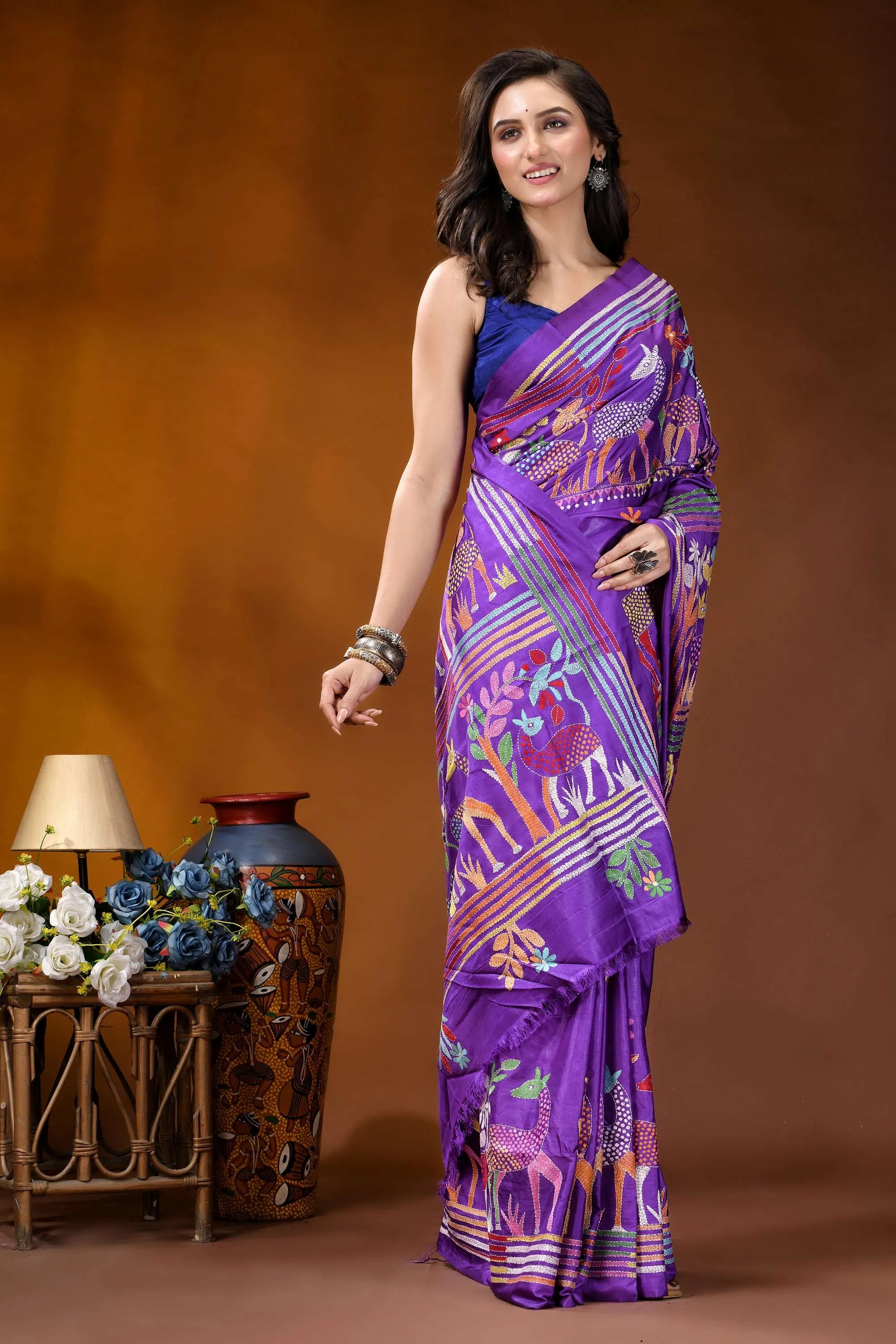 Purple exclusive deer theme handcrafted kantha embroidery silk saree vibrant purple saree intricate floral 4