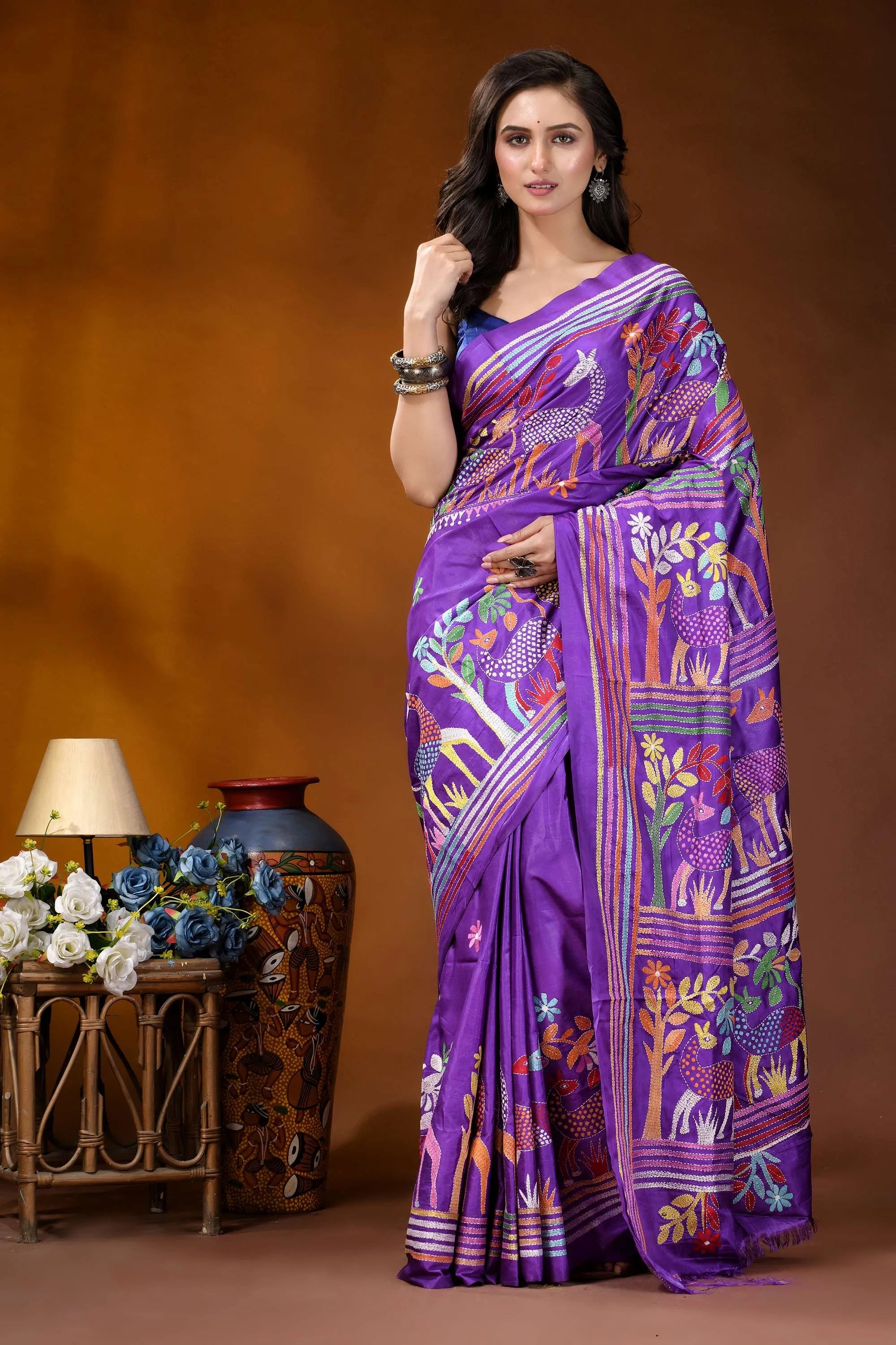 Purple exclusive deer theme handcrafted kantha embroidery silk saree vibrant purple saree adorned intricate 1