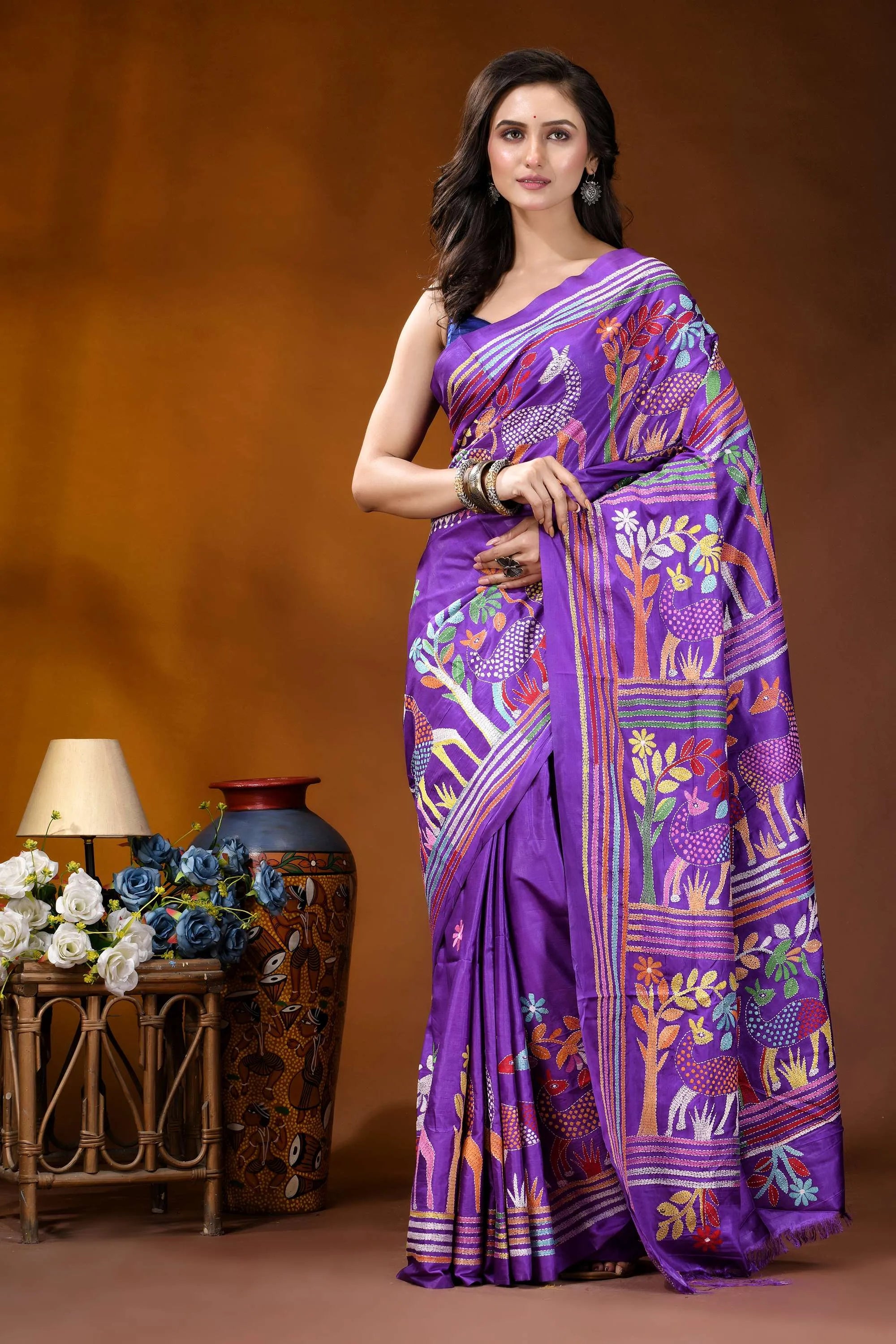 Purple exclusive deer theme handcrafted kantha embroidery silk saree vibrant purple saree adorned intricate 6