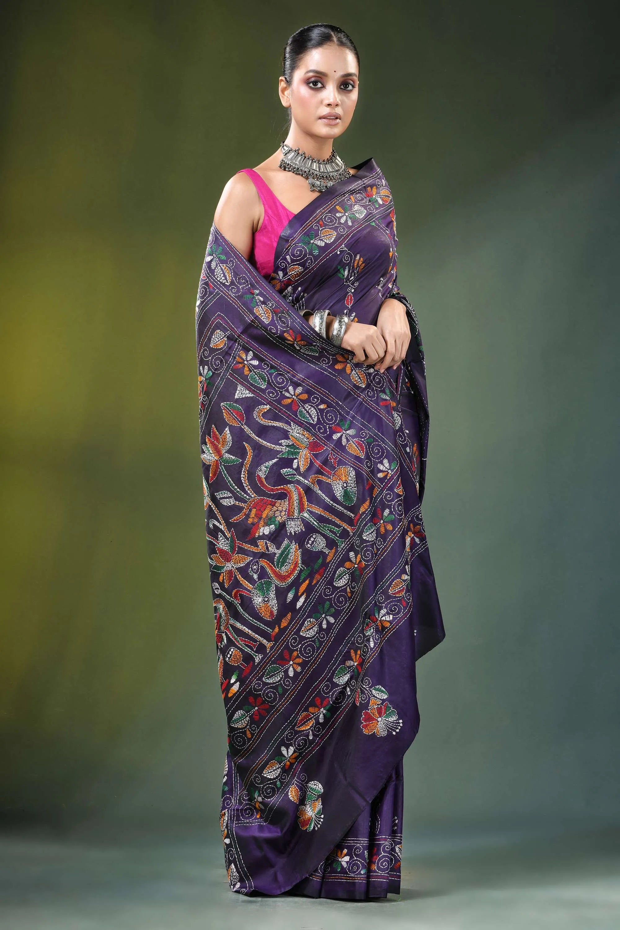 Purple hand embroidered floral bird kantha silk saree richly intricate 4