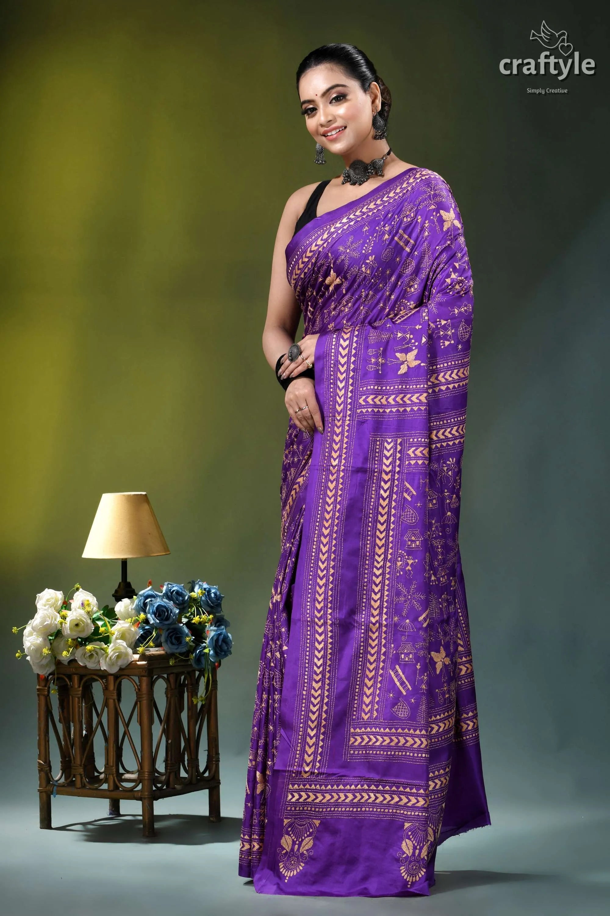 Purple heart exclusive warli design heritage silk kantha stitch saree vibrant purple saree intricate gold 3