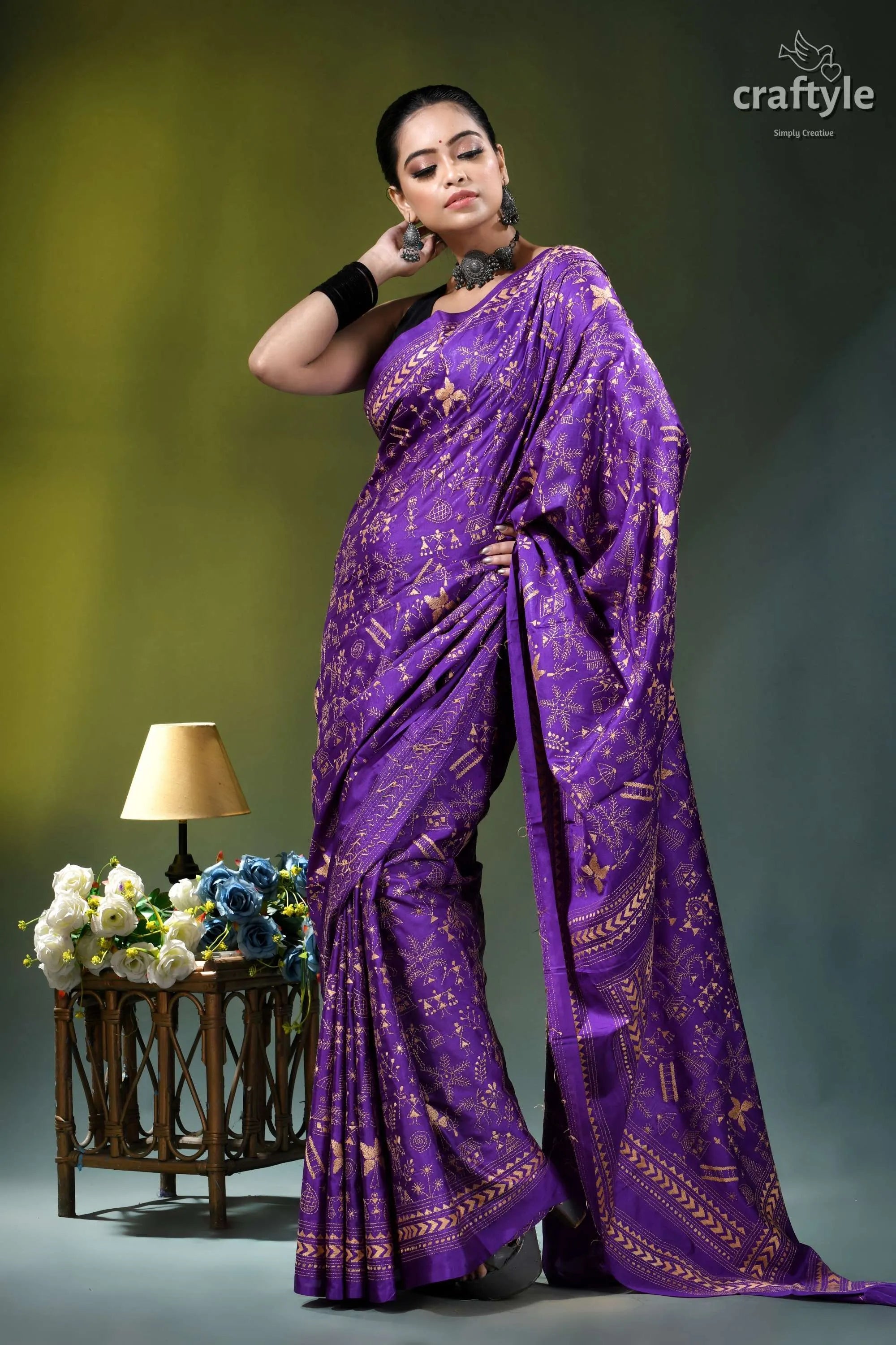 Purple heart exclusive warli design heritage silk kantha stitch saree woman wears vibrant purple saree 4