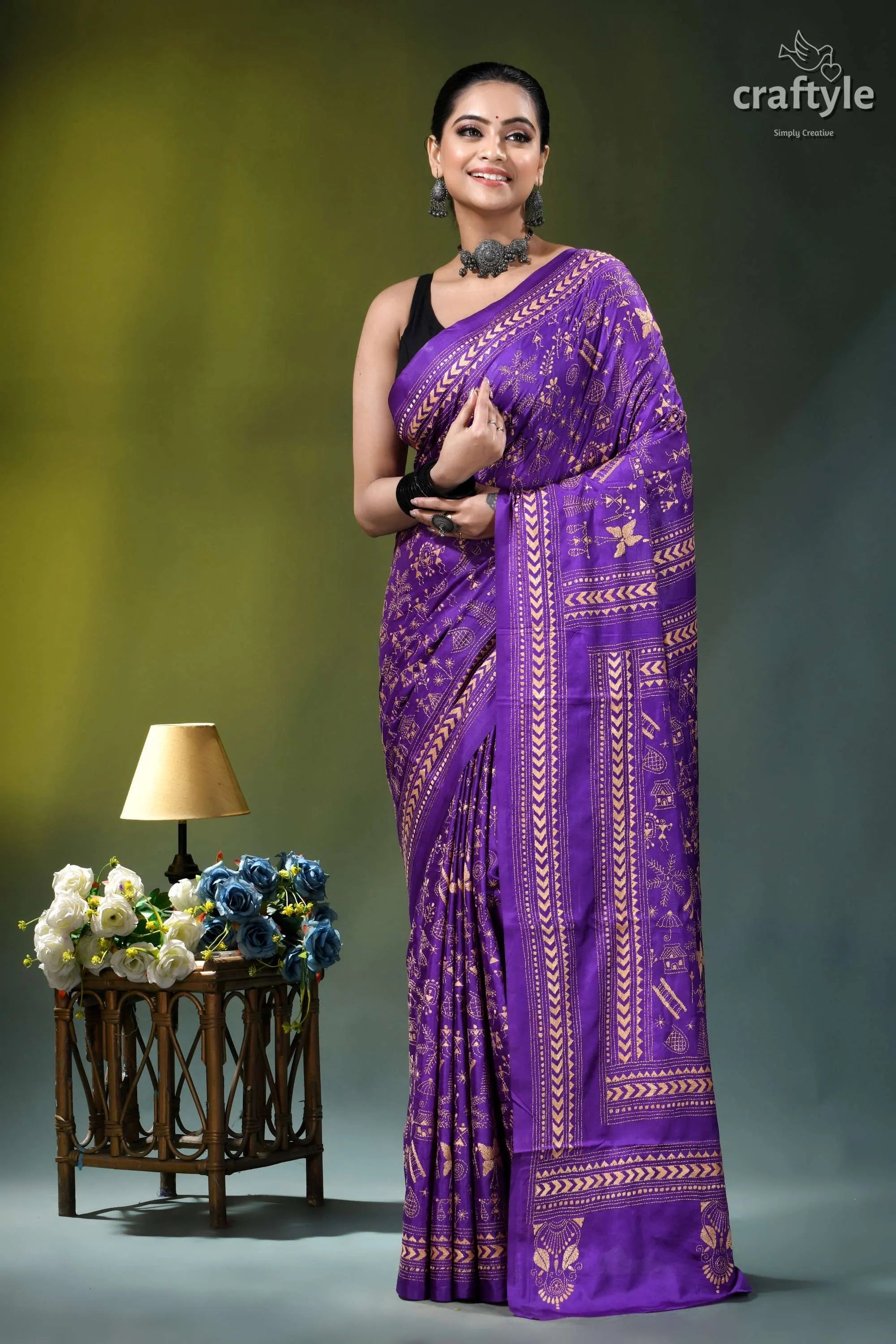 Purple heart exclusive warli design heritage silk kantha stitch saree purple silk saree intricate gold 6