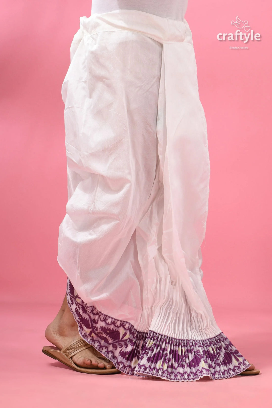 Purple jamdani border mayur puccha silk dhoti - ready to wear white cotton sarong purple pink 2