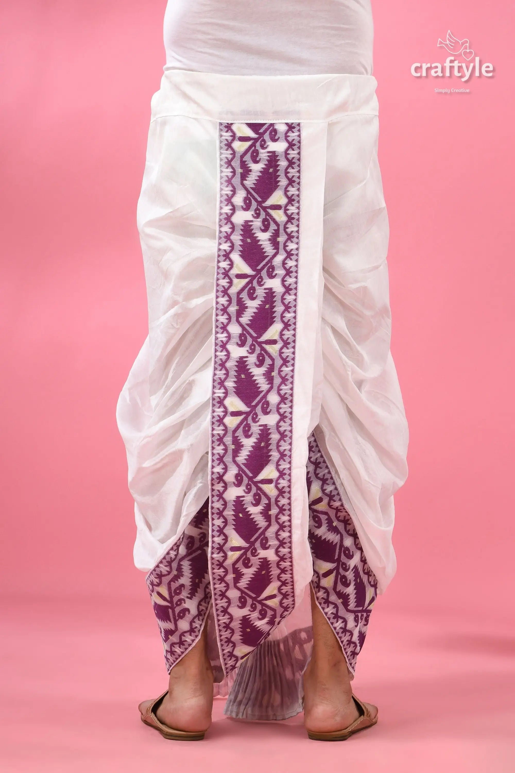 Purple jamdani border mayur puccha silk dhoti - ready to wear white purple embroidered sarong geometric 3