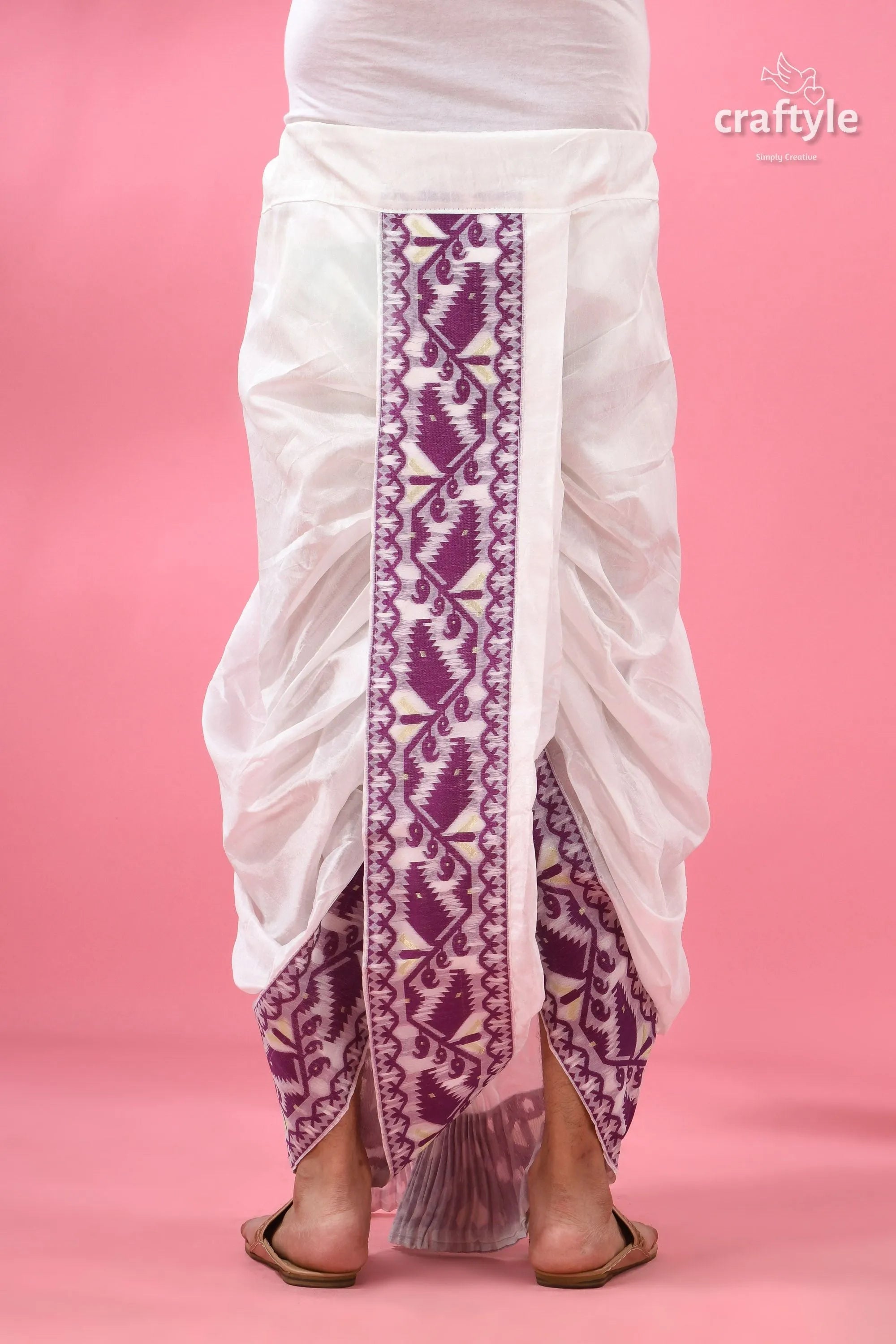 Purple jamdani border mayur puccha silk dhoti - ready to wear white purple embroidered sarong geometric 3
