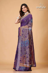 Purple navy tulip motif silk kantha saree reverse stitch elegant purple saree floral design 3