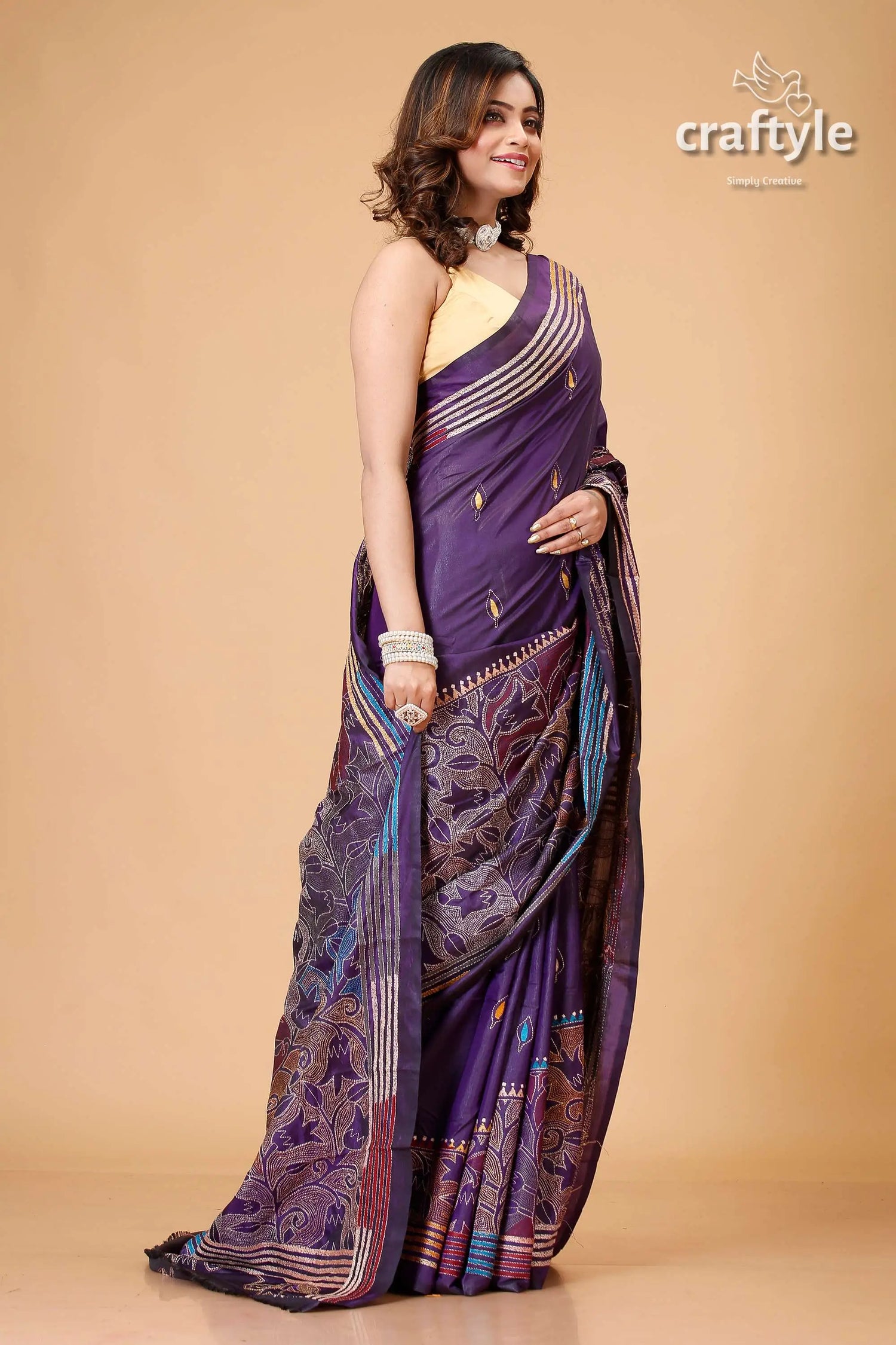 Purple navy tulip motif silk kantha saree reverse stitch woman purple patterned saree 4