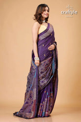 Purple navy tulip motif silk kantha saree reverse stitch woman purple patterned saree 4