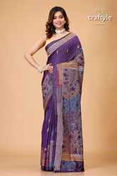 Purple navy tulip motif silk kantha saree reverse stitch elegant purple saree floral embroidery 1