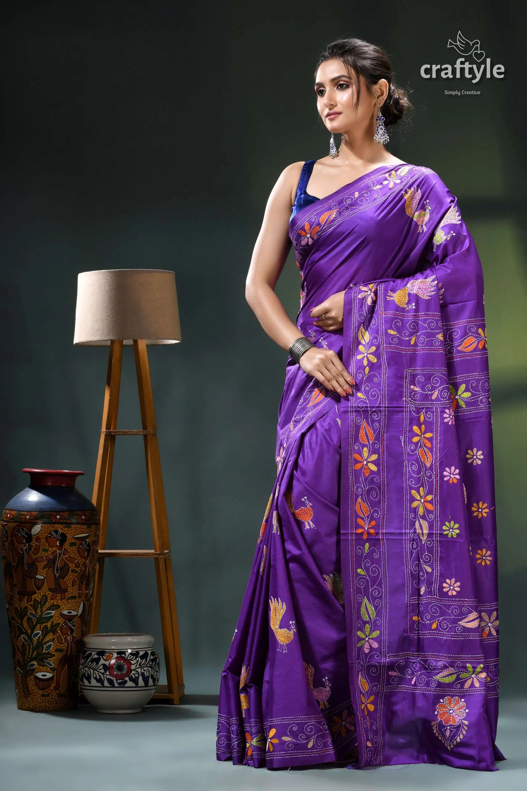 Purple violet peacock design ethnic silk kantha stitch saree purple floral embroidered saree blue 3