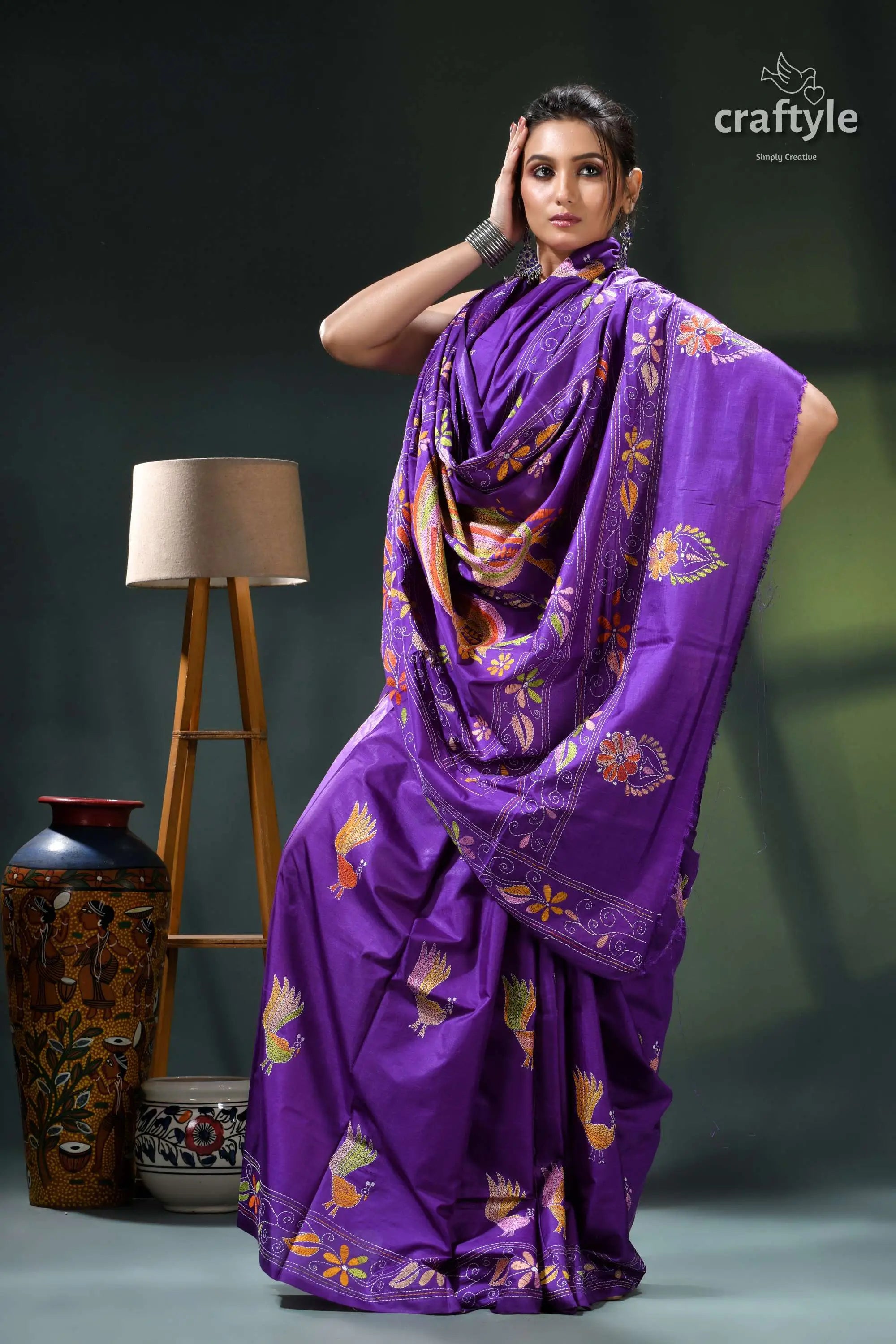 Purple violet peacock design ethnic silk kantha stitch saree purple silk saree gold floral 4