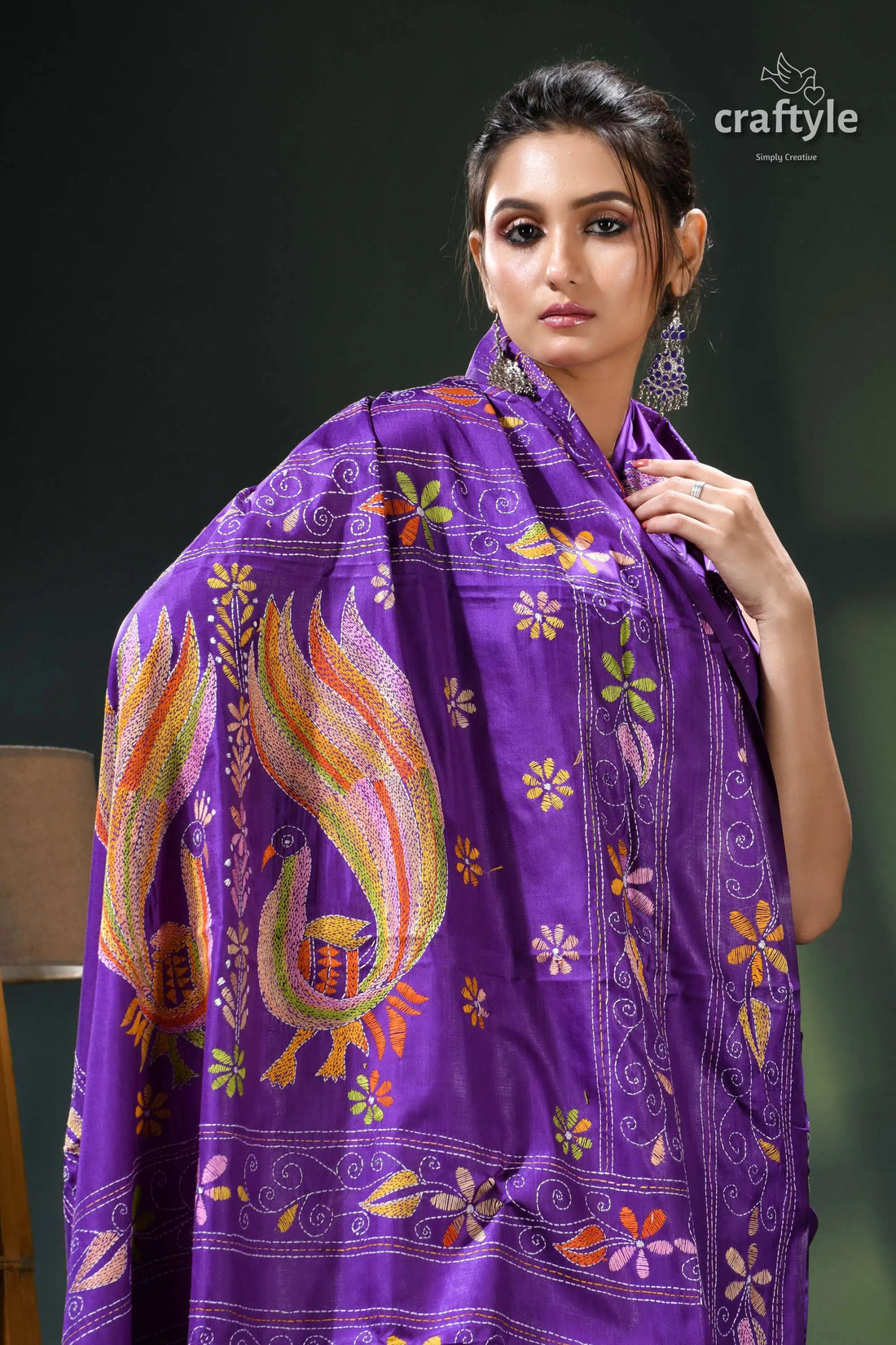 Purple violet peacock design ethnic silk kantha stitch saree purple silk saree vibrant phoenix 2