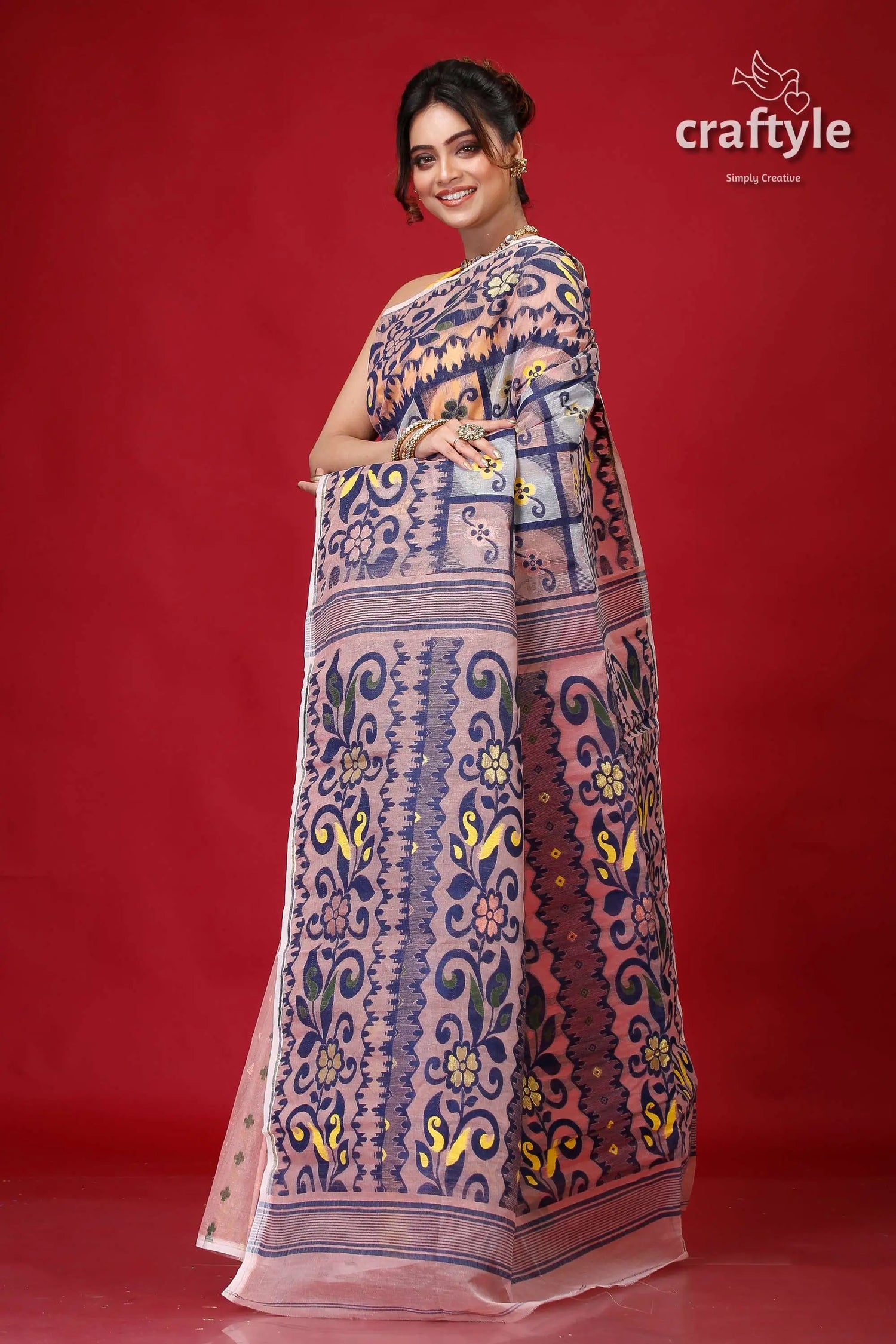 Queen pink traditional bengal jamdani saree woman patterned sari 3