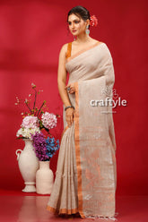 Qull gray copper zari bengal handloom linen jamdani saree woman beige saree orange border 3