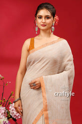 Qull gray copper zari bengal handloom linen jamdani saree elegant beige saree orange border 2