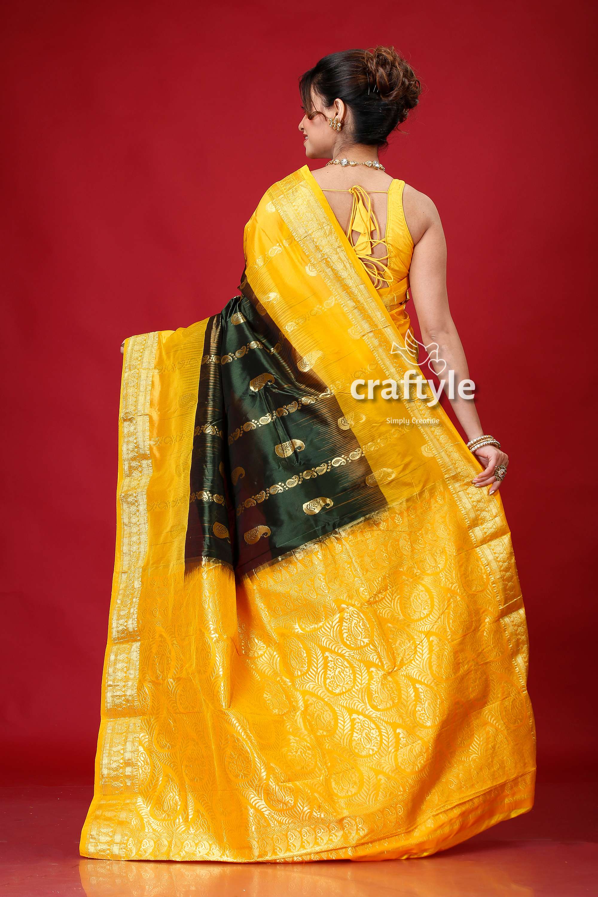 Racing Green & Yellow Festive Kanjivaram Silk Saree-Craftyle