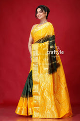 Racing green & yellow festive kanjivaram silk saree yellow green silk saree 3