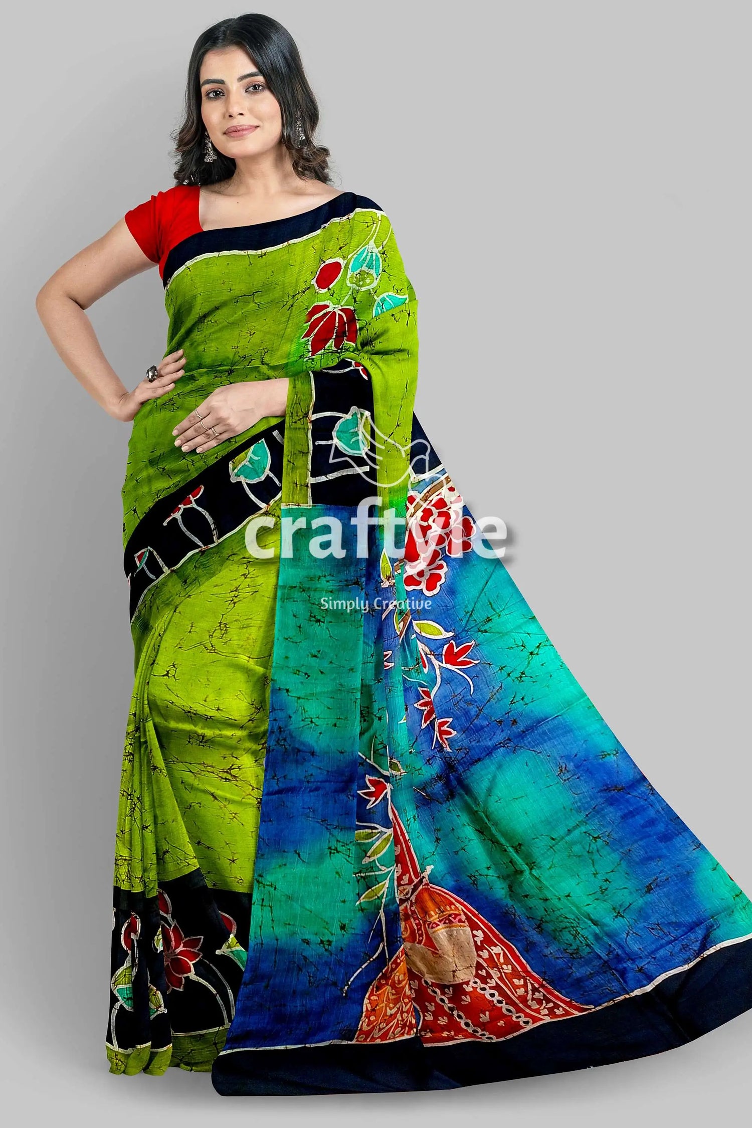 Radha krishna design handmade batik silk saree - mulberry pure fabric green blue batik saree 1